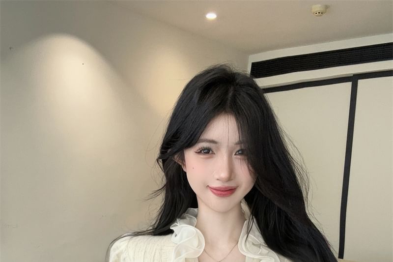 Ruffle-Trim Long-Sleeve Lace Crop Top, V-Neck