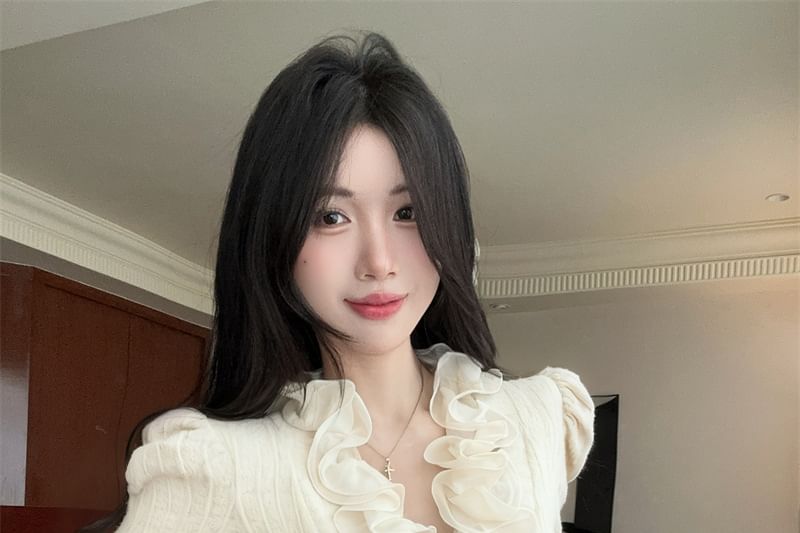 V-Neck Ruffle Trim Lace Fitted Crop Top