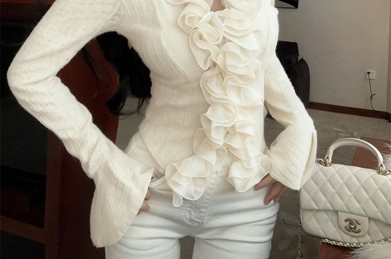 V-Neck Ruffle Trim Lace Fitted Crop Top