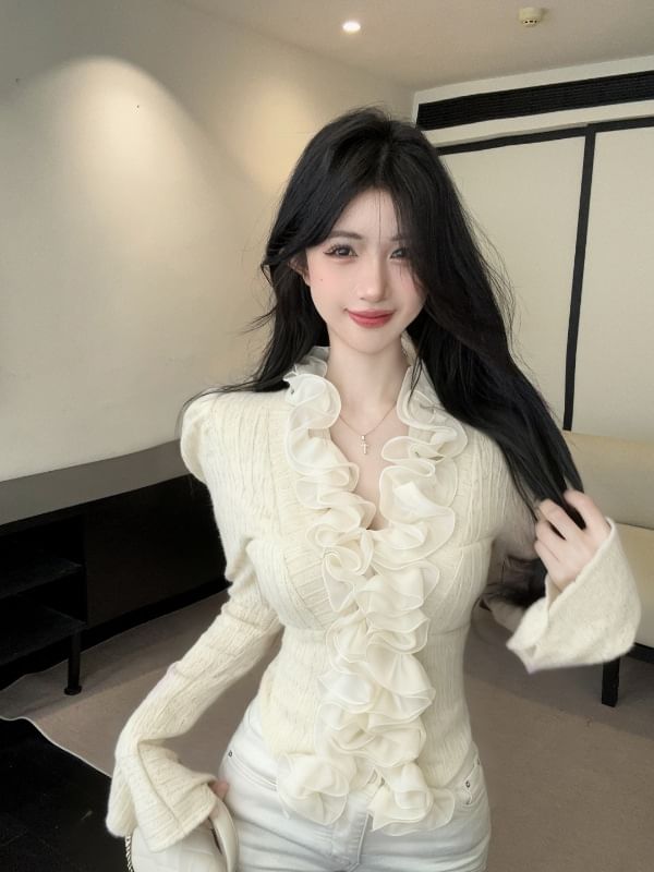 Ruffle-Trim Long-Sleeve Lace Crop Top, V-Neck