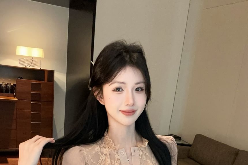 Stand-Collar Long-Sleeve Lace Blouse, Button-Up