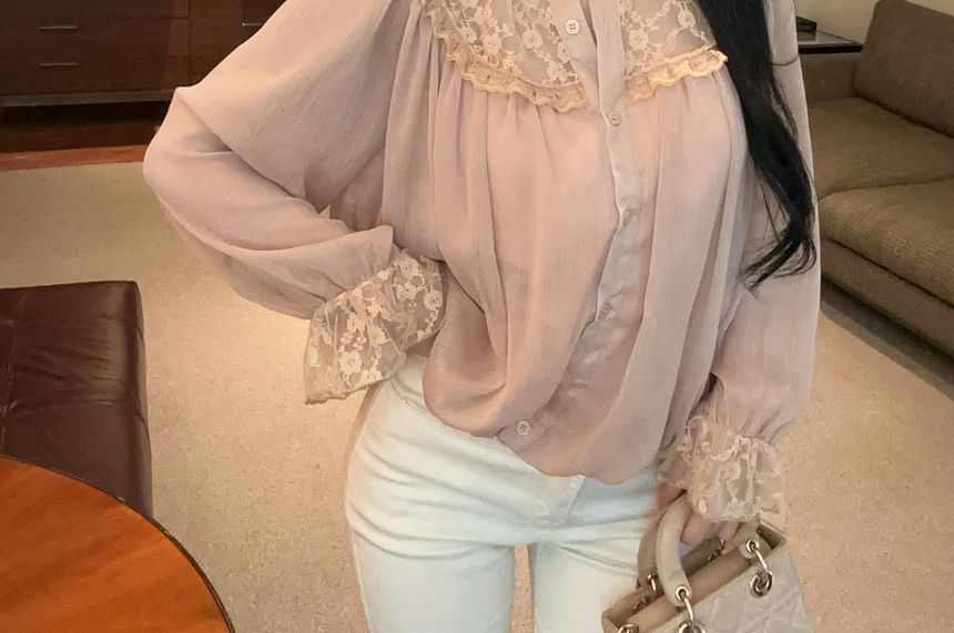 Stand-Collar Long-Sleeve Lace Blouse, Button-Up