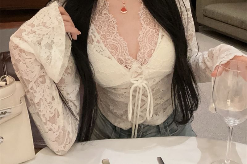 Lace-Up V-Neck Long-Sleeve Crop Top, Fitted