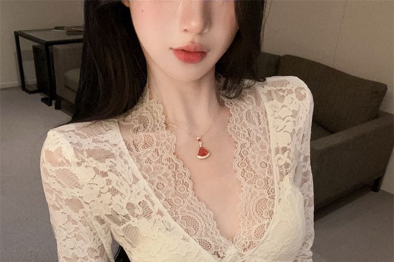 V-Neck Lace Up Lace Slim Fit Crop Top