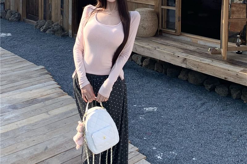 Scoop Neck Plain Crop Camisole Top / V-Neck Button-Up Cardigan / Drawstring Waist Polka Dot Wide Leg Pants / Set