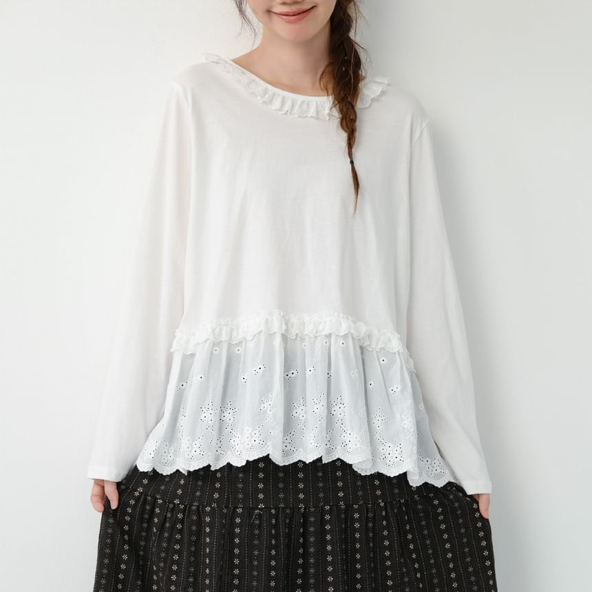Drop Shoulder Round Neck Lace Panel T-Shirt