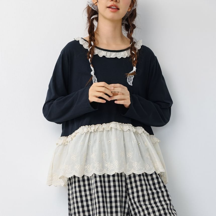 Drop Shoulder Round Neck Lace Panel T-Shirt