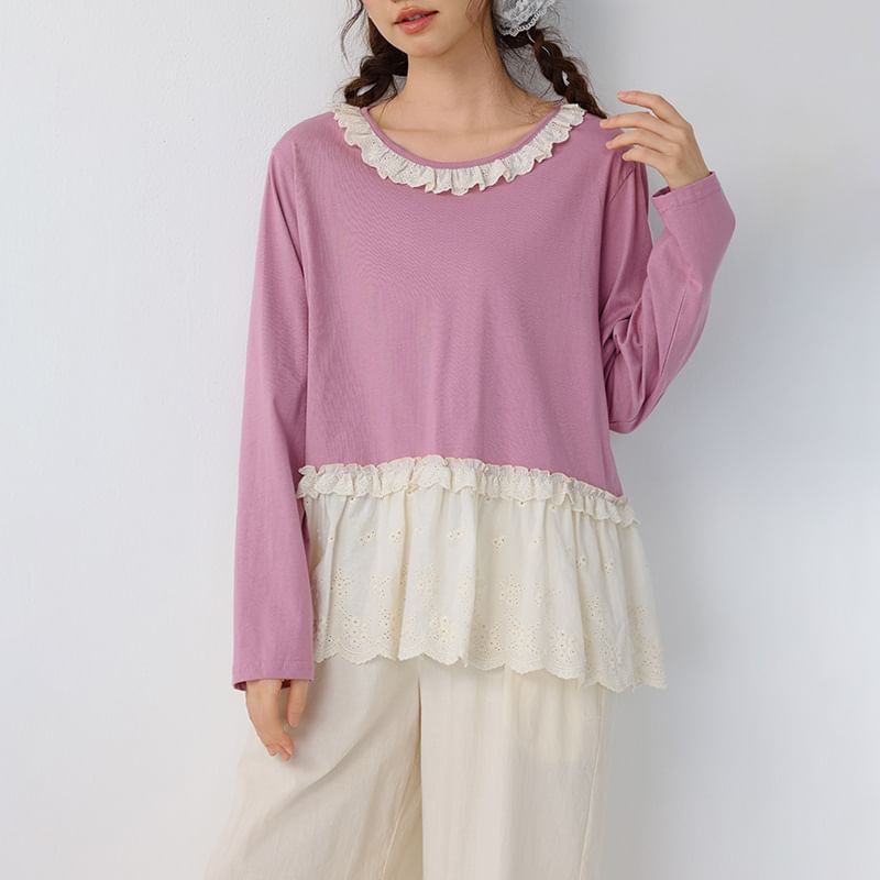 Drop Shoulder Round Neck Lace Panel T-Shirt