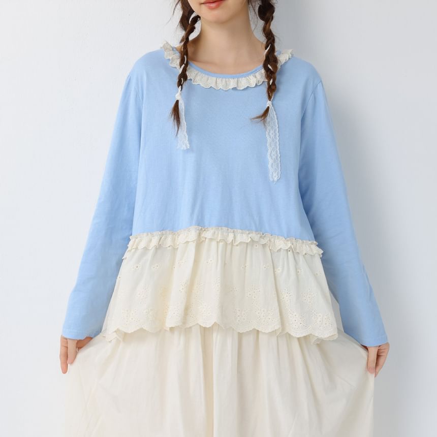 Drop Shoulder Round Neck Lace Panel T-Shirt