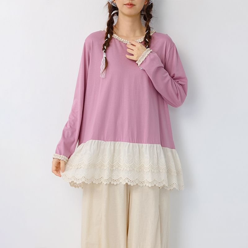 Round Neck Long Sleeve Lace Trim Tunic