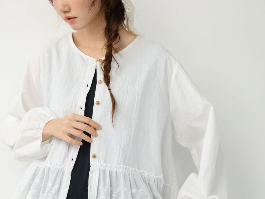 Round Neck Long Sleeve Lace Trim Button Blouse