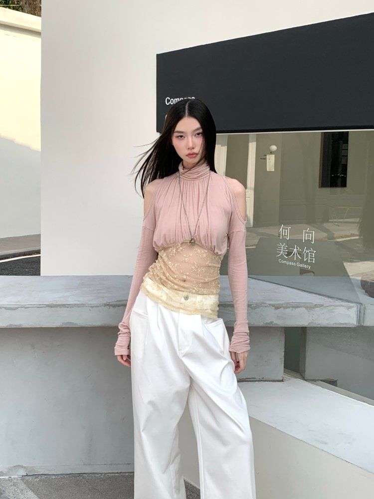 Cold Shoulder Mock Neck Lace Panel T-Shirt