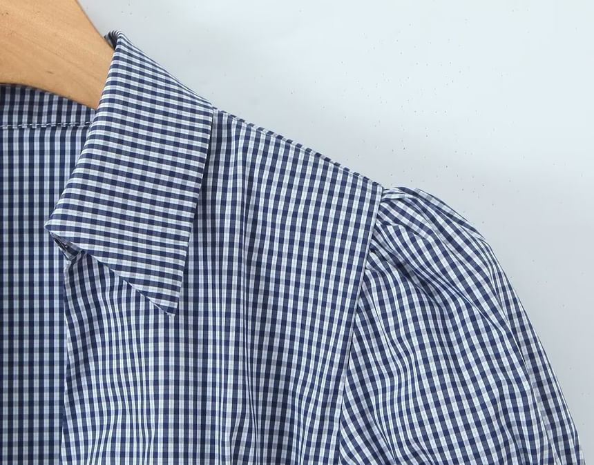 Puff Sleeve V-Neck Lace Trim Plaid Fitted Blouse and Mini Pleated Skirt