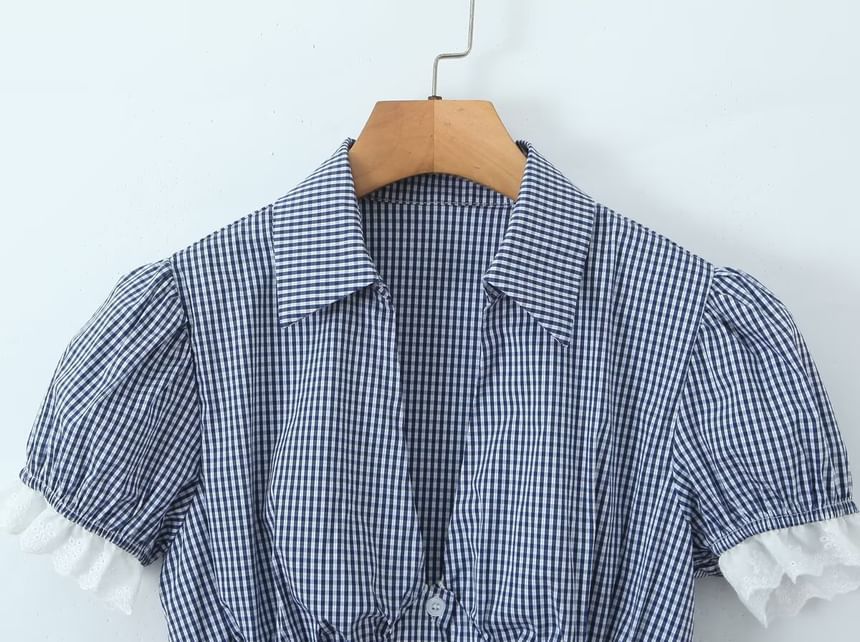 Puff Sleeve V-Neck Lace Trim Plaid Fitted Blouse and Mini Pleated Skirt