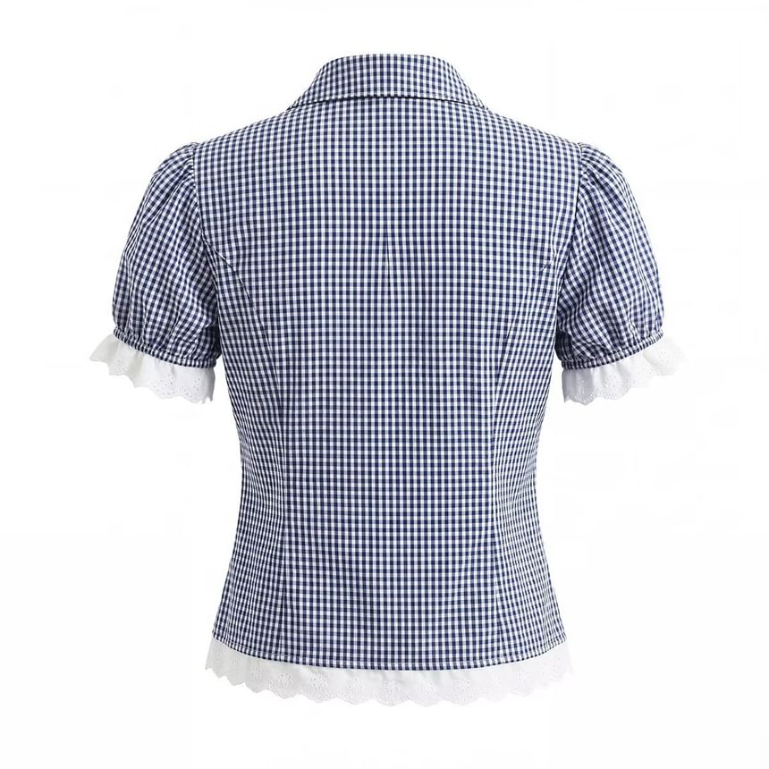 Puff Sleeve V-Neck Lace Trim Plaid Fitted Blouse and Mini Pleated Skirt