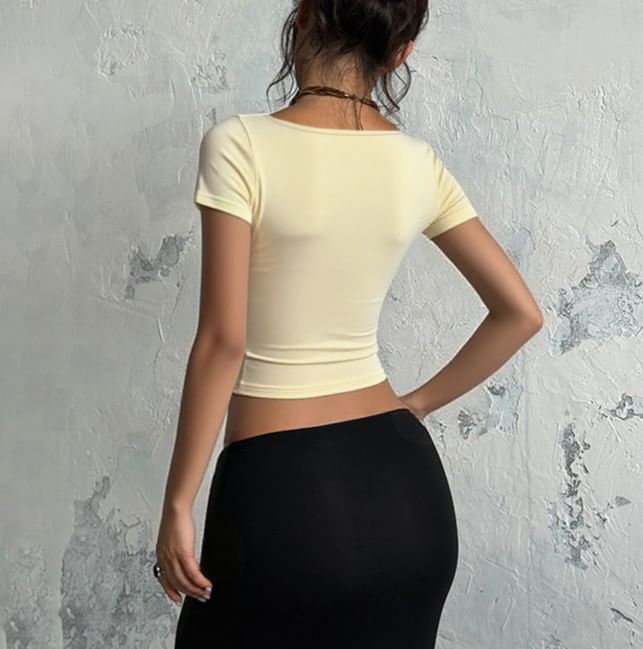 Short Sleeve Square Neck Lace Trim Slim Fit Tee