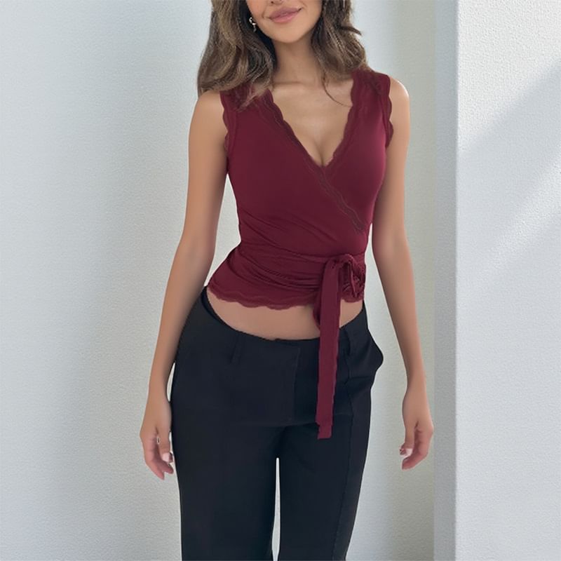 Lace-Trim V-Neck Tie-Waist Crop Tank