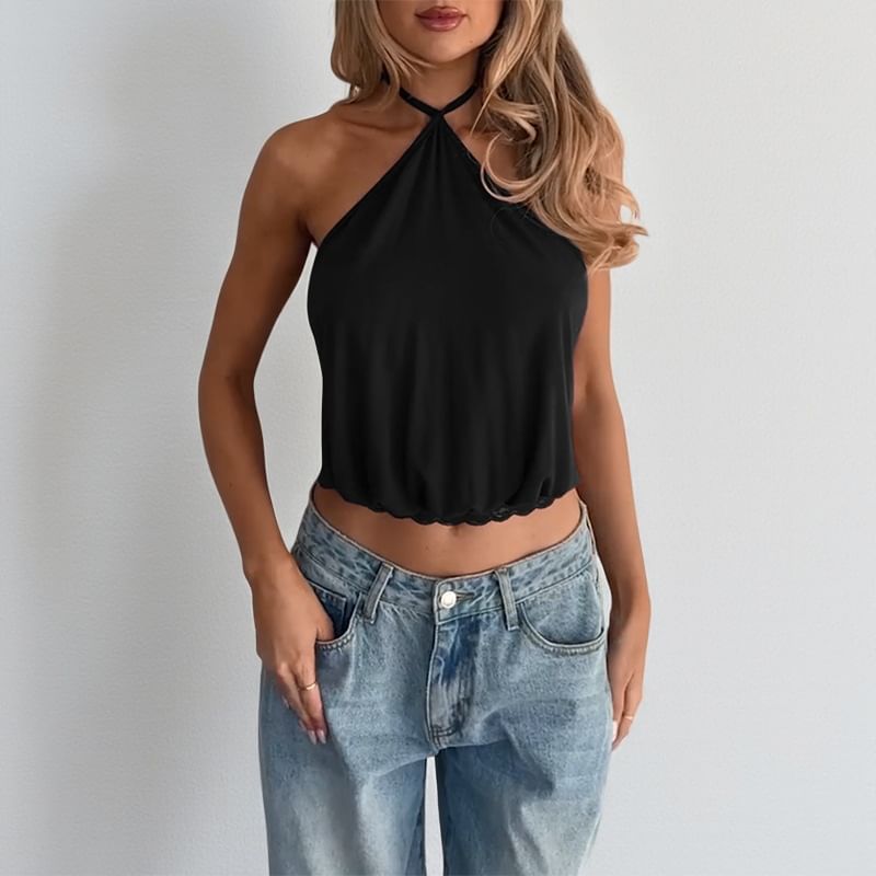 Halter Neck Plain Lace Panel Crop Camisole Top