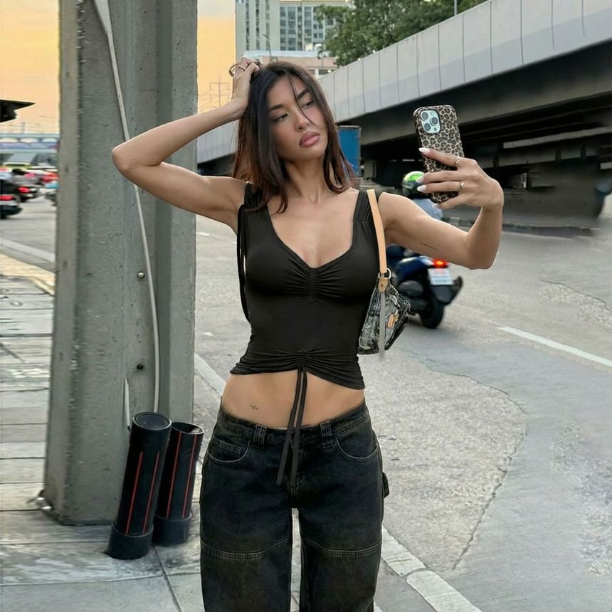 Drawstring V-Neck Crop Tank Top