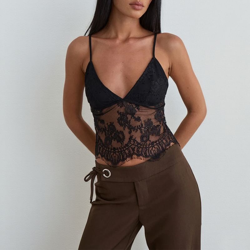 V-Neck Plain Lace Panel Crop Camisole Top