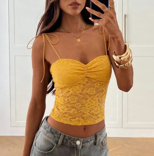 Tie Strap Plain Lace Crop Camisole Top