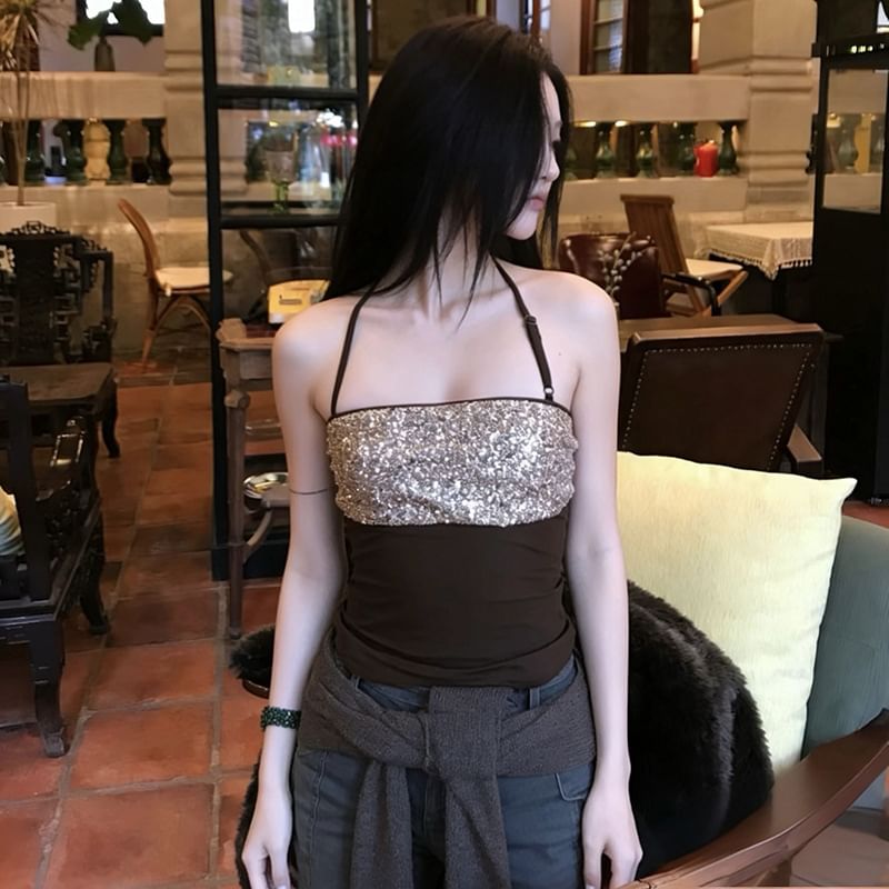 Sequin-Panel Halter Crop Top with Slim Silhouette