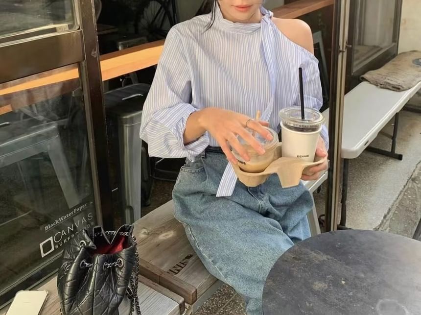 Shadow-Stripe Cold-Shoulder Puff Sleeve Blouse