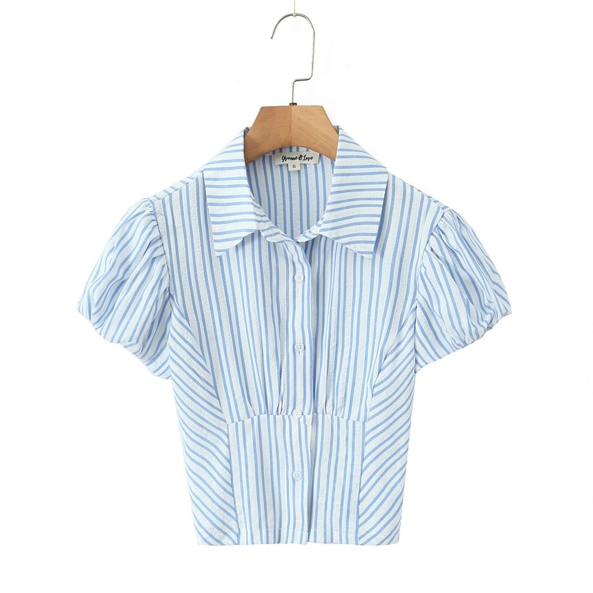 Striped Slim-Fit Button-Up with Puffed Sleeves