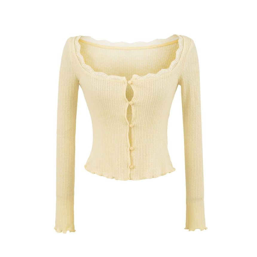 Long Sleeve Square Neck Plain Lace-Trim Perforated Slim-Fit Light Cardigan