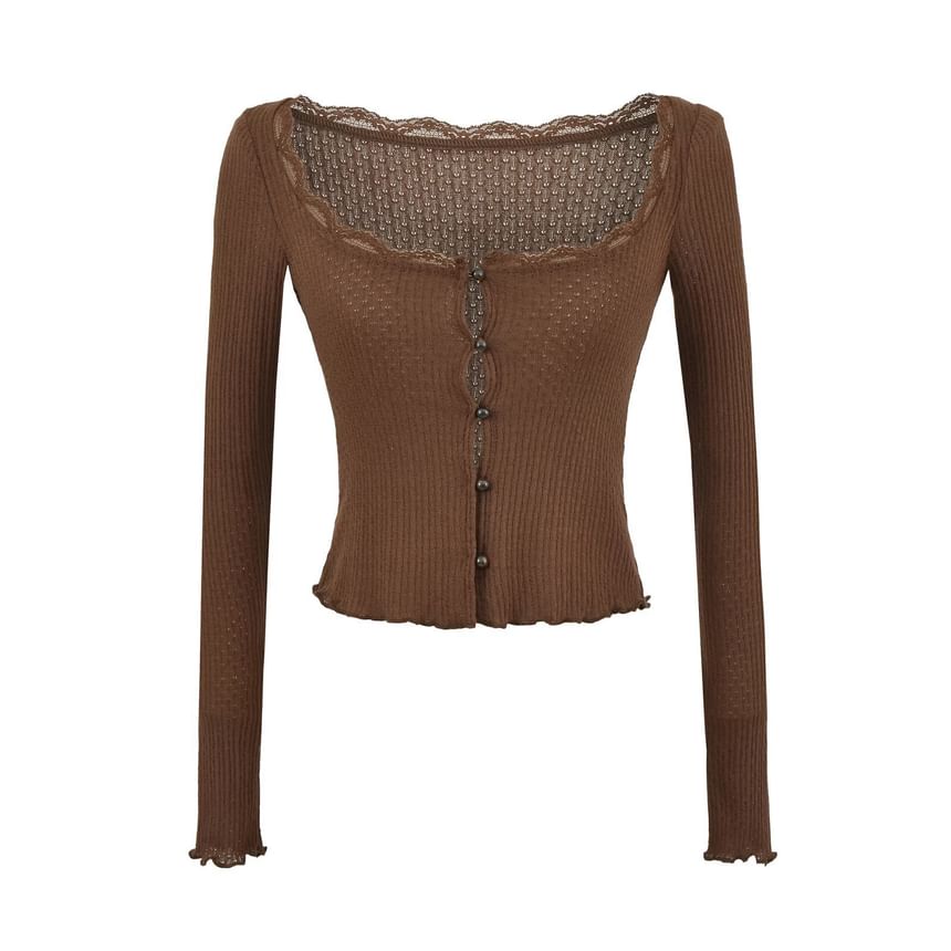 Long Sleeve Square Neck Plain Lace-Trim Perforated Slim-Fit Light Cardigan