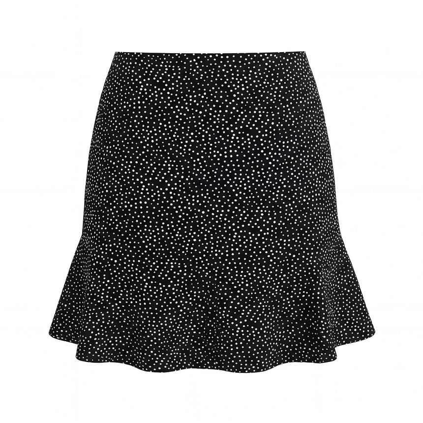 Short Sleeve V-Neck Lace Trim Dotted Fitted Top and High Waist Mini Skirt