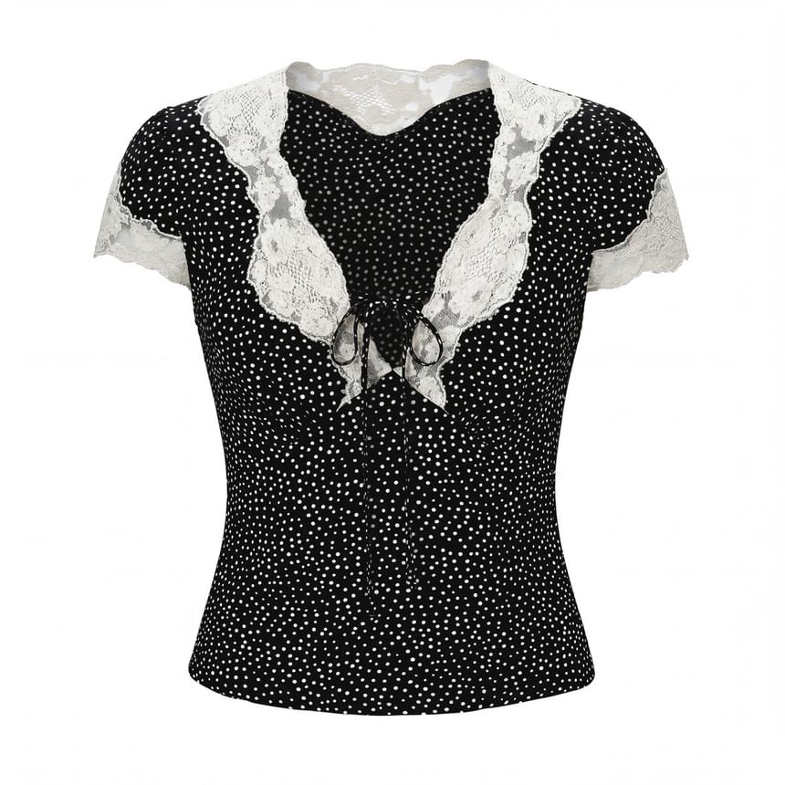 Short Sleeve V-Neck Lace Trim Dotted Fitted Top and High Waist Mini Skirt