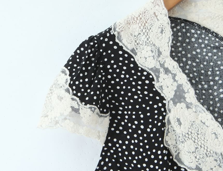 Short Sleeve V-Neck Lace Trim Dotted Fitted Top and High Waist Mini Skirt