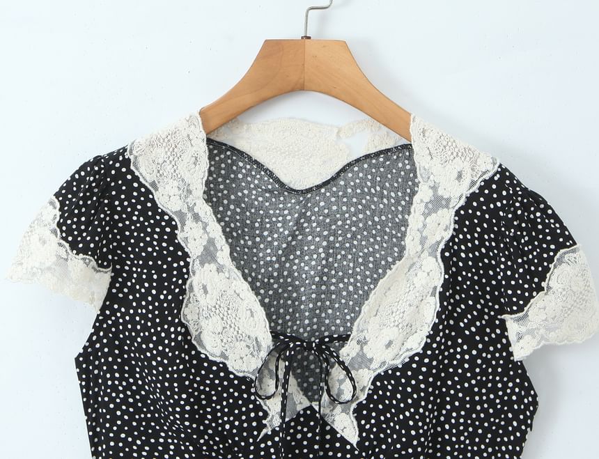 Short Sleeve V-Neck Lace Trim Dotted Fitted Top and High Waist Mini Skirt