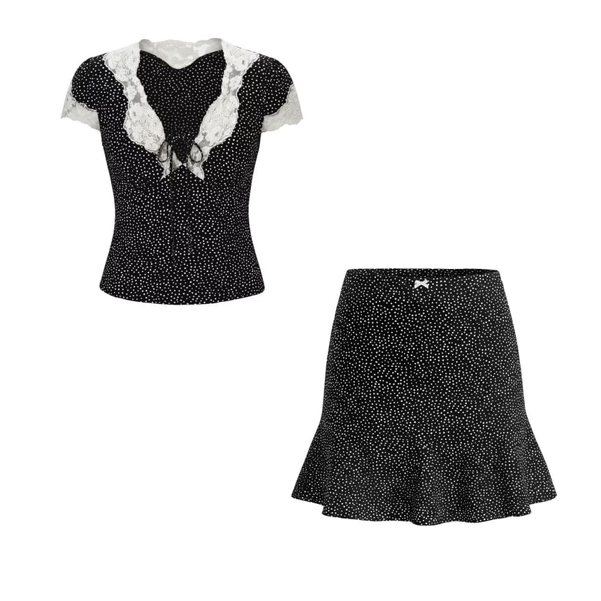 Two-Piece Set: Polka Dot Top & High-Waist Mini Skirt
