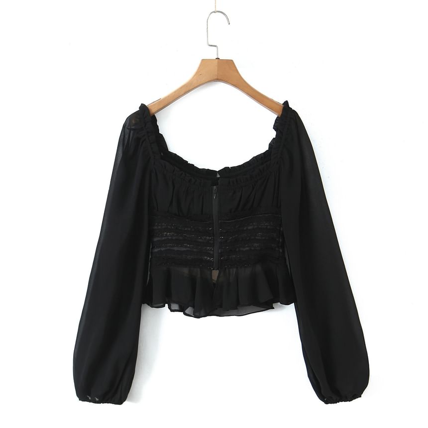 Puff Sleeve Square Neck Ruffled Lace Panel Fitted Blouse