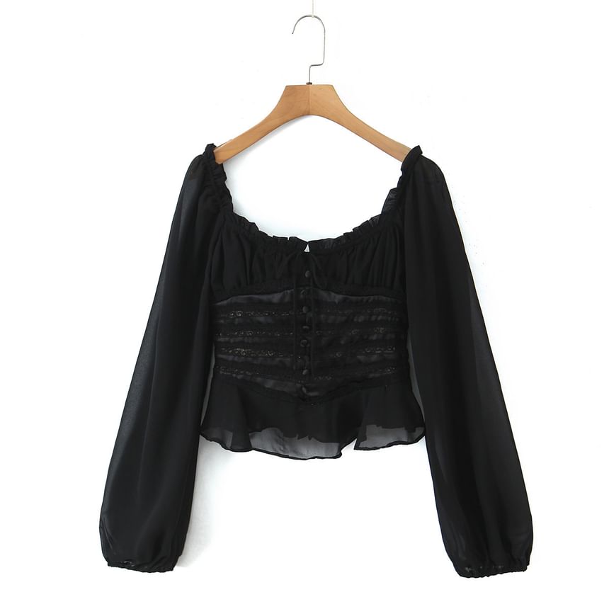 Puff Sleeve Square Neck Ruffled Lace Panel Fitted Blouse