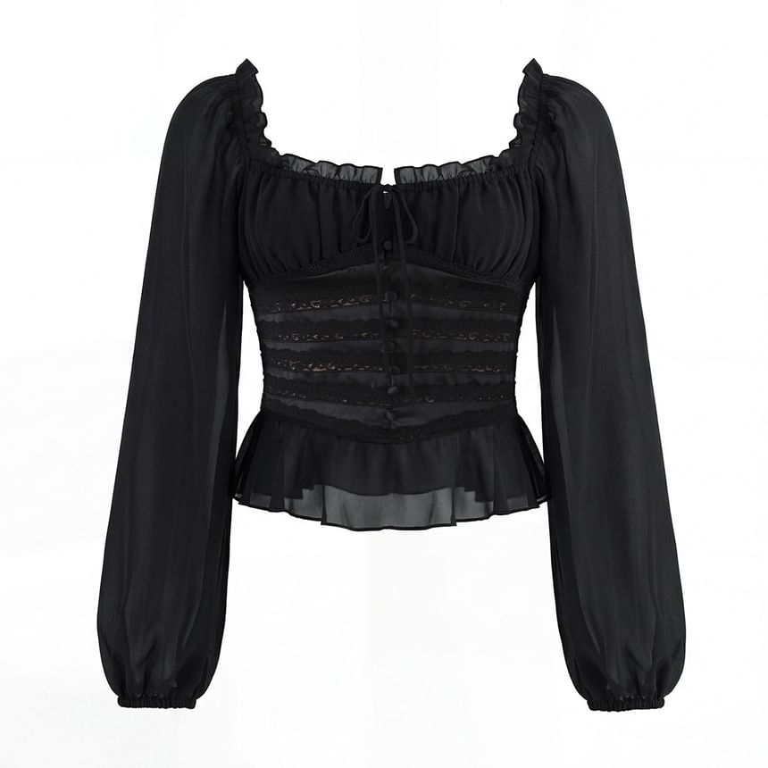 Puff Sleeve Square Neck Ruffled Lace Panel Fitted Blouse