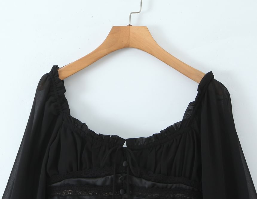 Puff Sleeve Square Neck Ruffled Lace Panel Fitted Blouse
