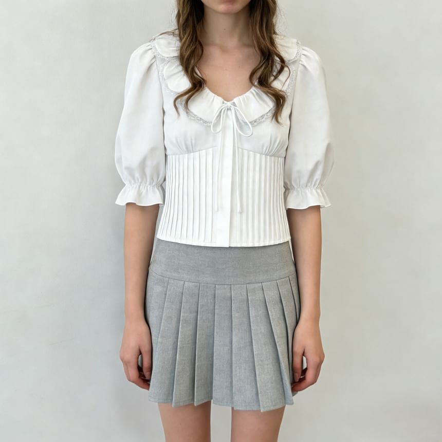 Cropped Lace-Trimmed Tie-Front Blouse with Pleated Scoop Neckline