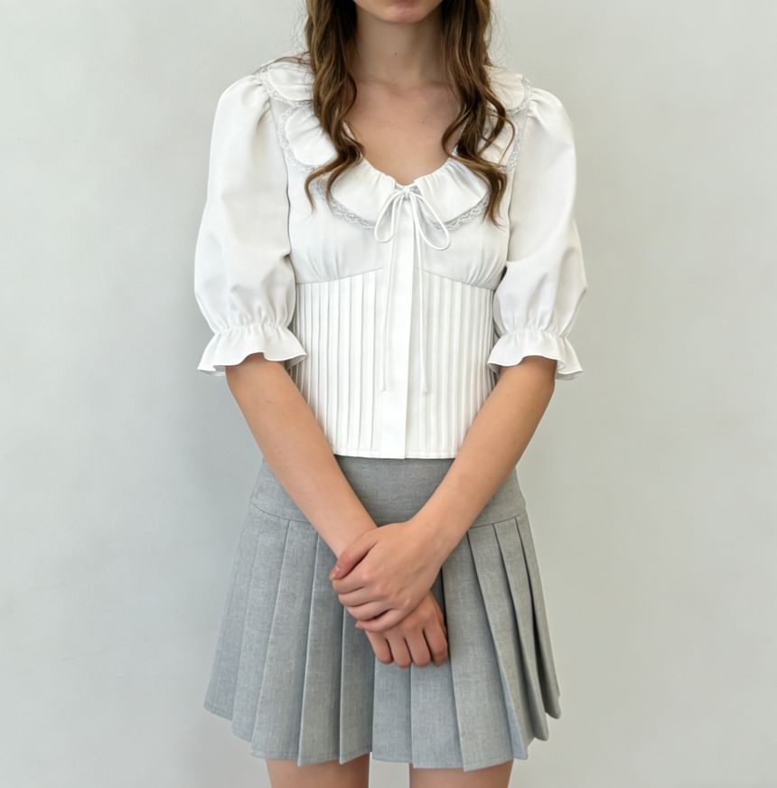 Cropped Lace-Trimmed Tie-Front Blouse with Pleated Scoop Neckline