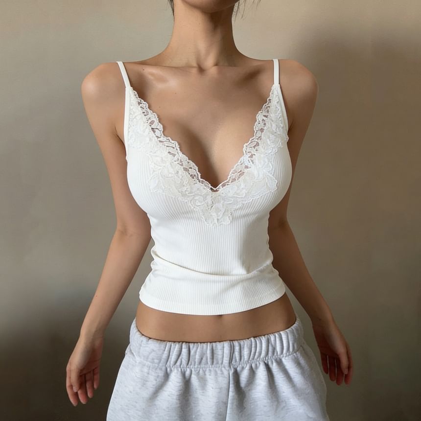 Lace-Trimmed V-Neck Crop Camisole, Fitted