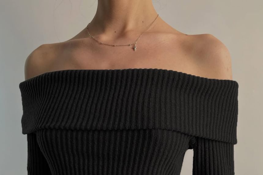 Ribbed Knit Off-Shoulder Crop Top, Long Sleeves