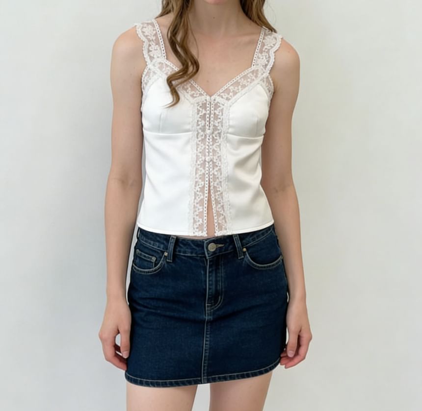 V-Neck Lace Panel Satin Fitted Crop Tank Top