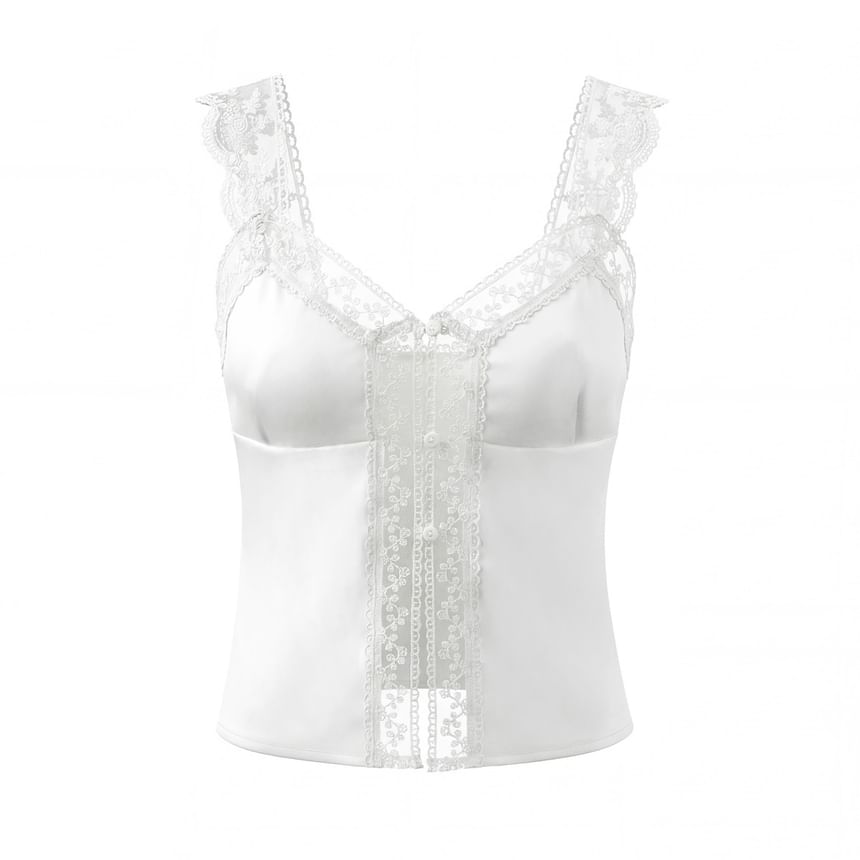V-Neck Lace Panel Satin Fitted Crop Tank Top