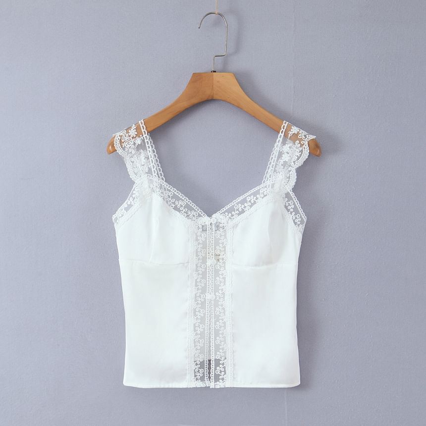 V-Neck Lace Panel Satin Fitted Crop Tank Top