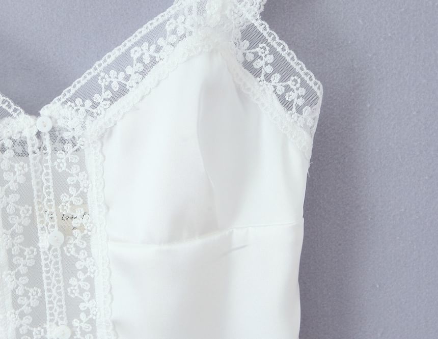 V-Neck Lace Panel Satin Fitted Crop Tank Top