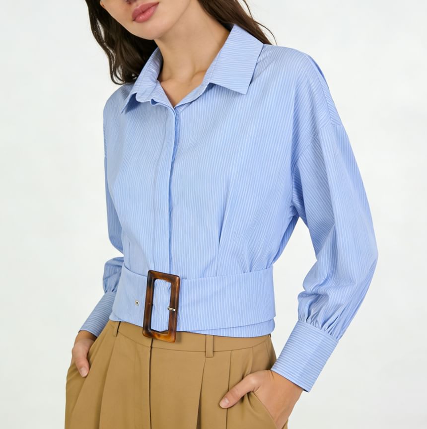 Striped Loose-Fit Cropped Shirt, Long Sleeves