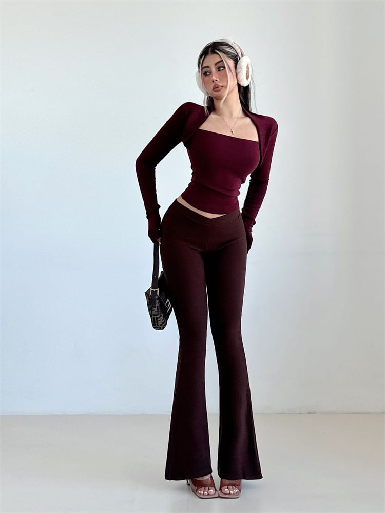 Square Neck Slim-Fit Crop Long-Sleeve Mock Two-Piece