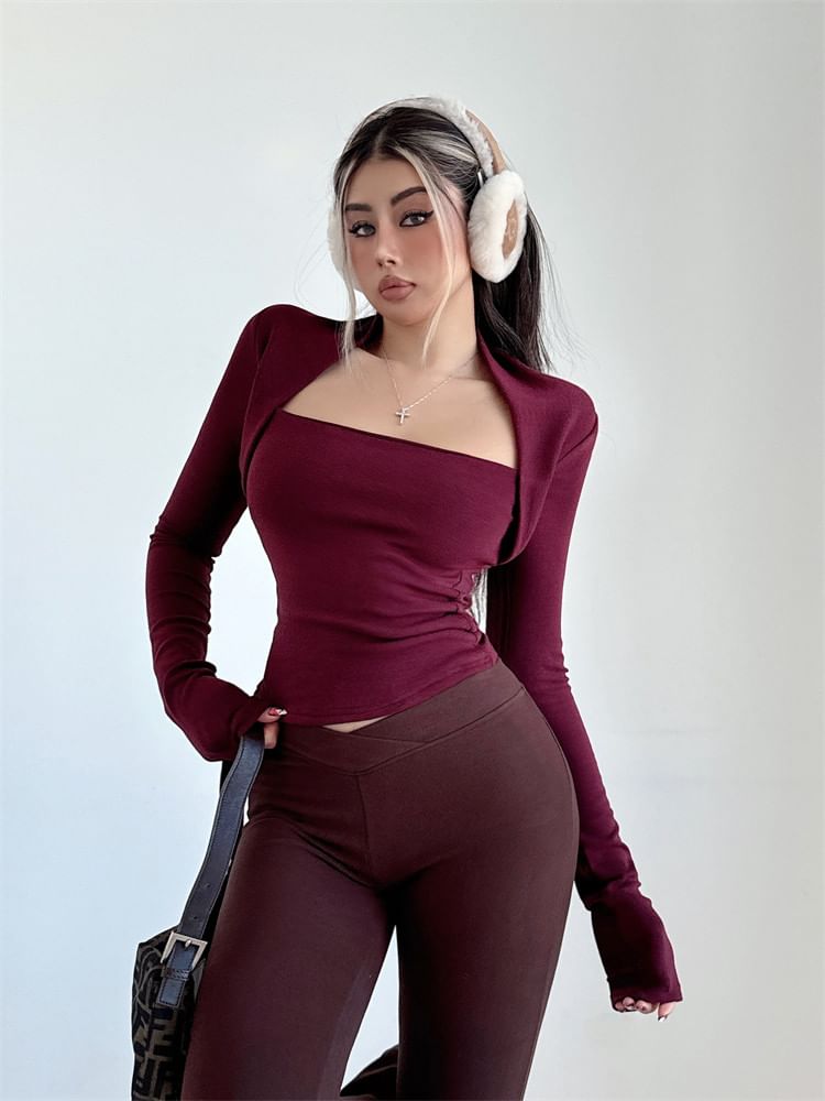 Square Neck Slim-Fit Crop Long-Sleeve Mock Two-Piece